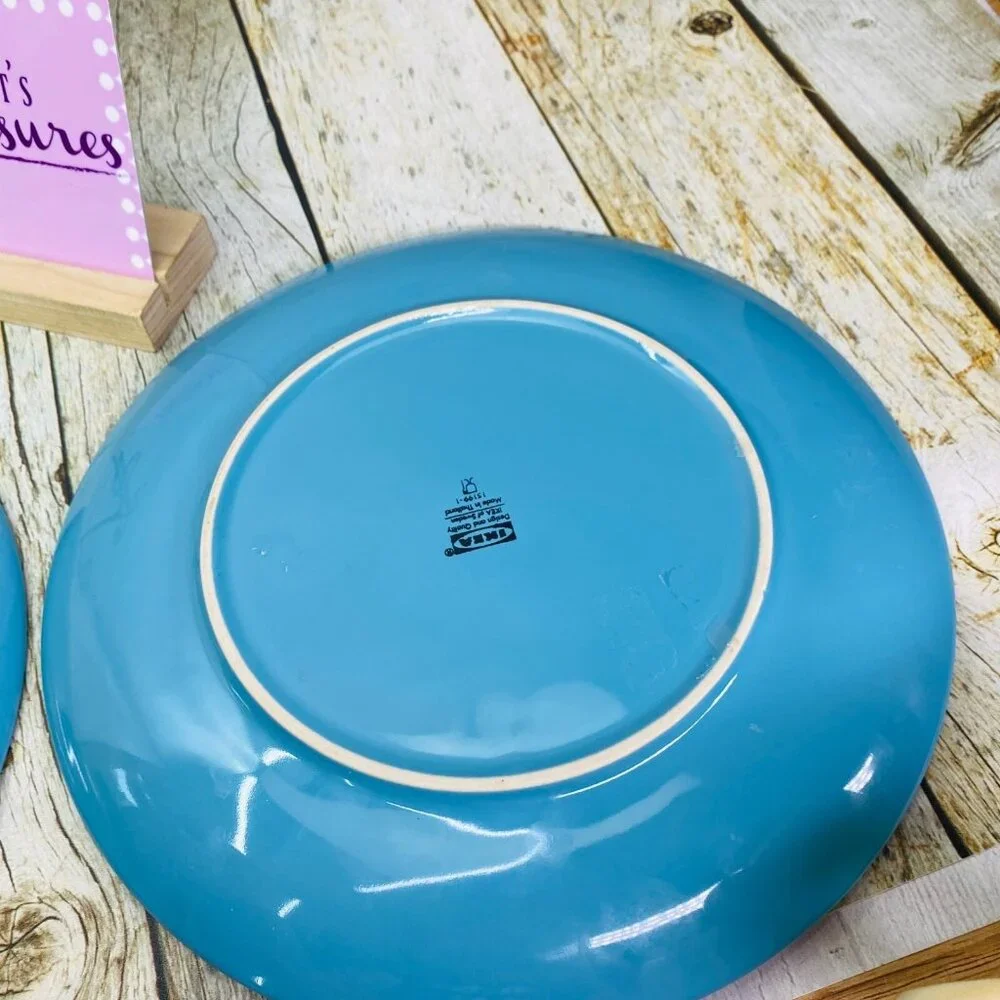 Ikea of Sweden 12011 FARGRIK TURQUOISE Solid Round Stoneware Dinner Plates Set 2